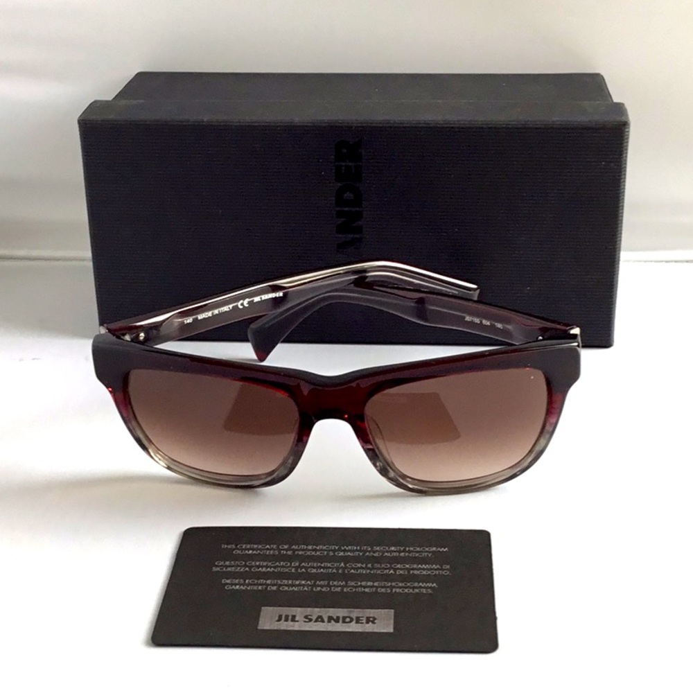 Jil Sander Burgundy to Clear Gradient Wayfarer Sunglasses with Brown Lenses